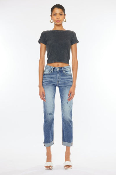 HIGH RISE CUFFED SLIM STRAIGHT JEANS