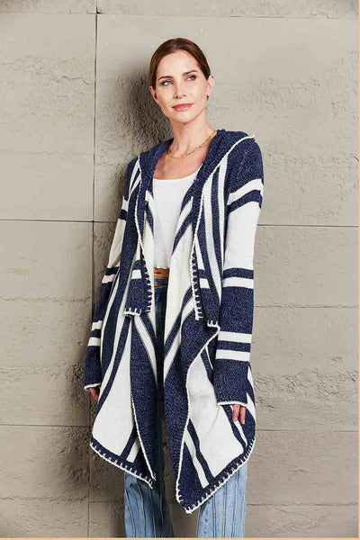 Striped Open Front Hooded Cardigan