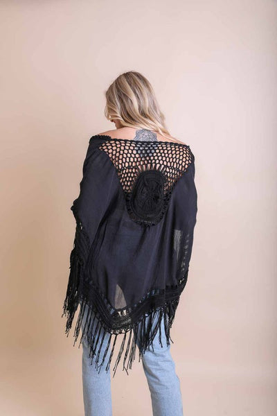 Crochet Medallion Tassel Kimono available in Mocha Denim Blue Ivory and Black