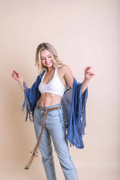 Crochet Medallion Tassel Kimono available in Mocha Denim Blue Ivory and Black