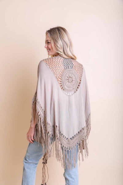 Crochet Medallion Tassel Kimono available in Mocha Denim Blue Ivory and Black