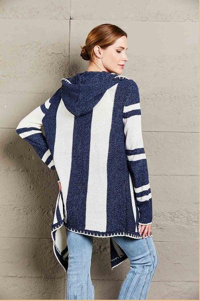 Striped Open Front Hooded Cardigan