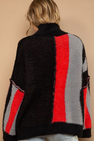 Turtleneck Color Block Fringe Sweater